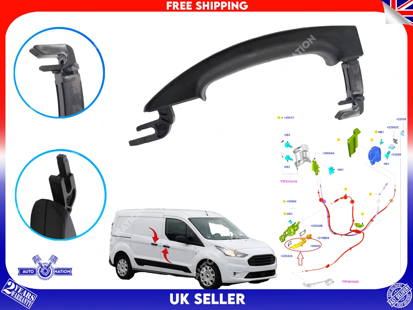 Motoviano Side Sliding Door Handle (Left & Right) for Ford Transit Custom, Connect & MK8