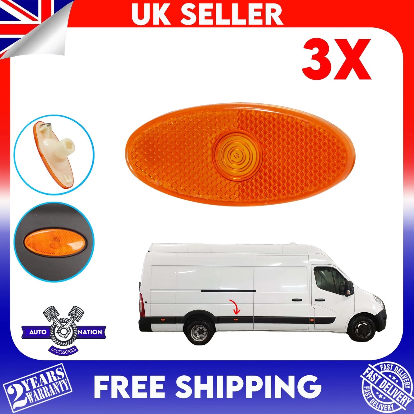 Motoviano 3x Side Door Marker Lamp Assembly for Renault Master & Vauxhall Movano B (2010-Onwards)