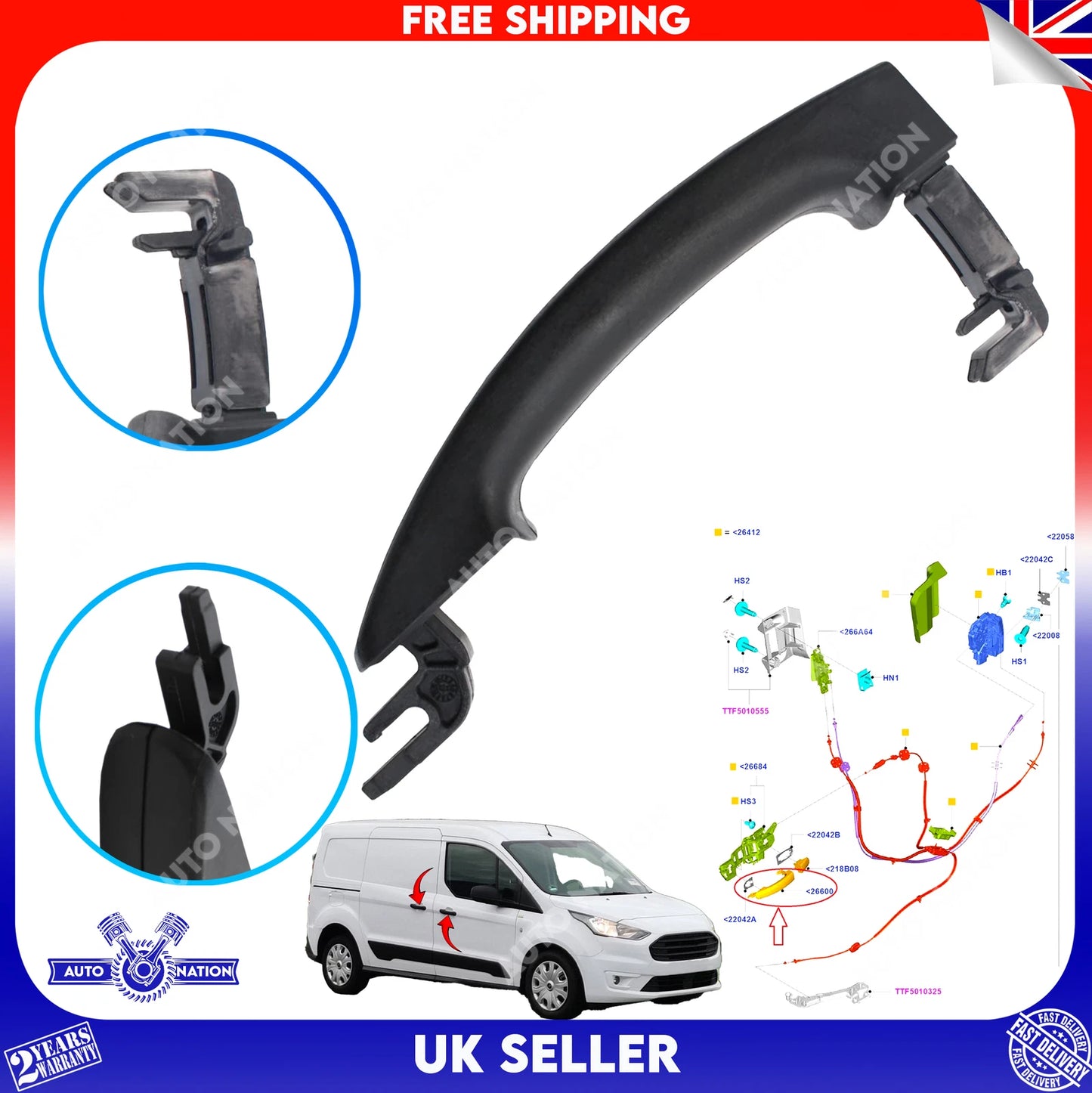 Motoviano Side Sliding Door Handle (Left & Right) for Ford Transit Custom, Connect & MK8